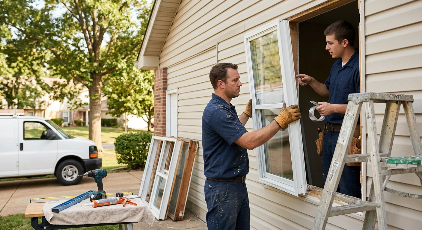 Contractor measuring a double hung window opening during a Ballwin home estimate
