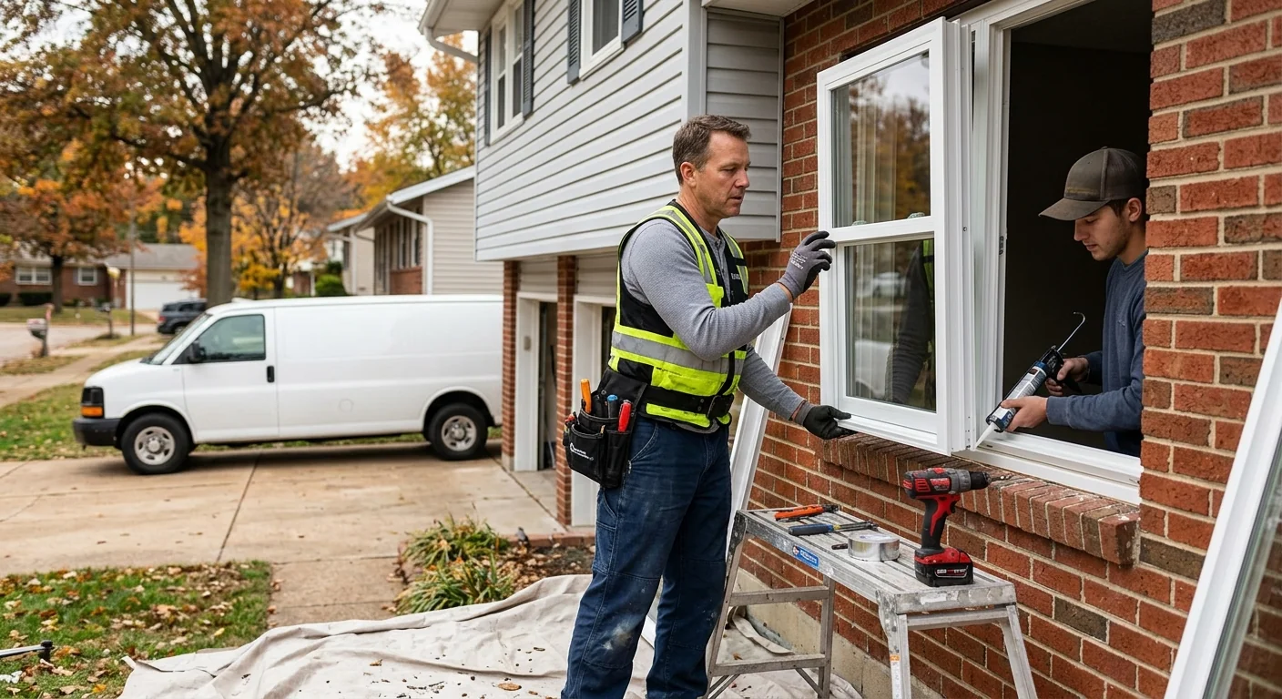 Technician measuring a double hung window in a Ballwin home for replacement