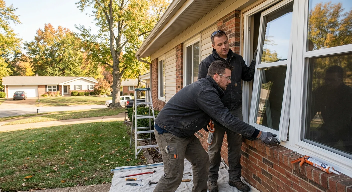 Technician installing a double hung window in a Ballwin home