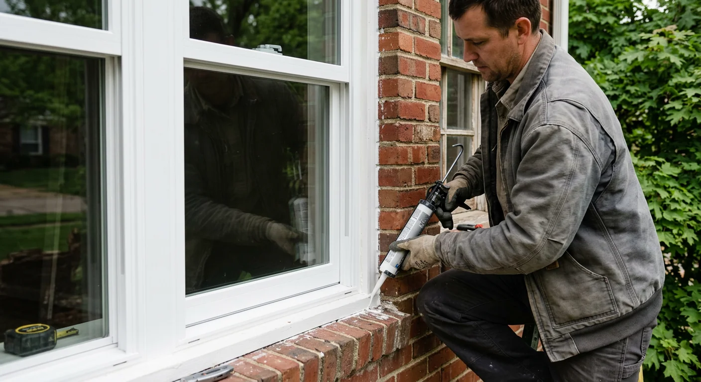 Close-up of a newly installed white double hung window with sealed frame in Ballwin