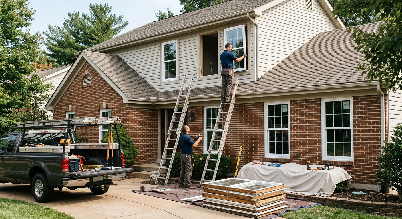 Wide shot of a two-story Ballwin home with replacement double hung windows across the front