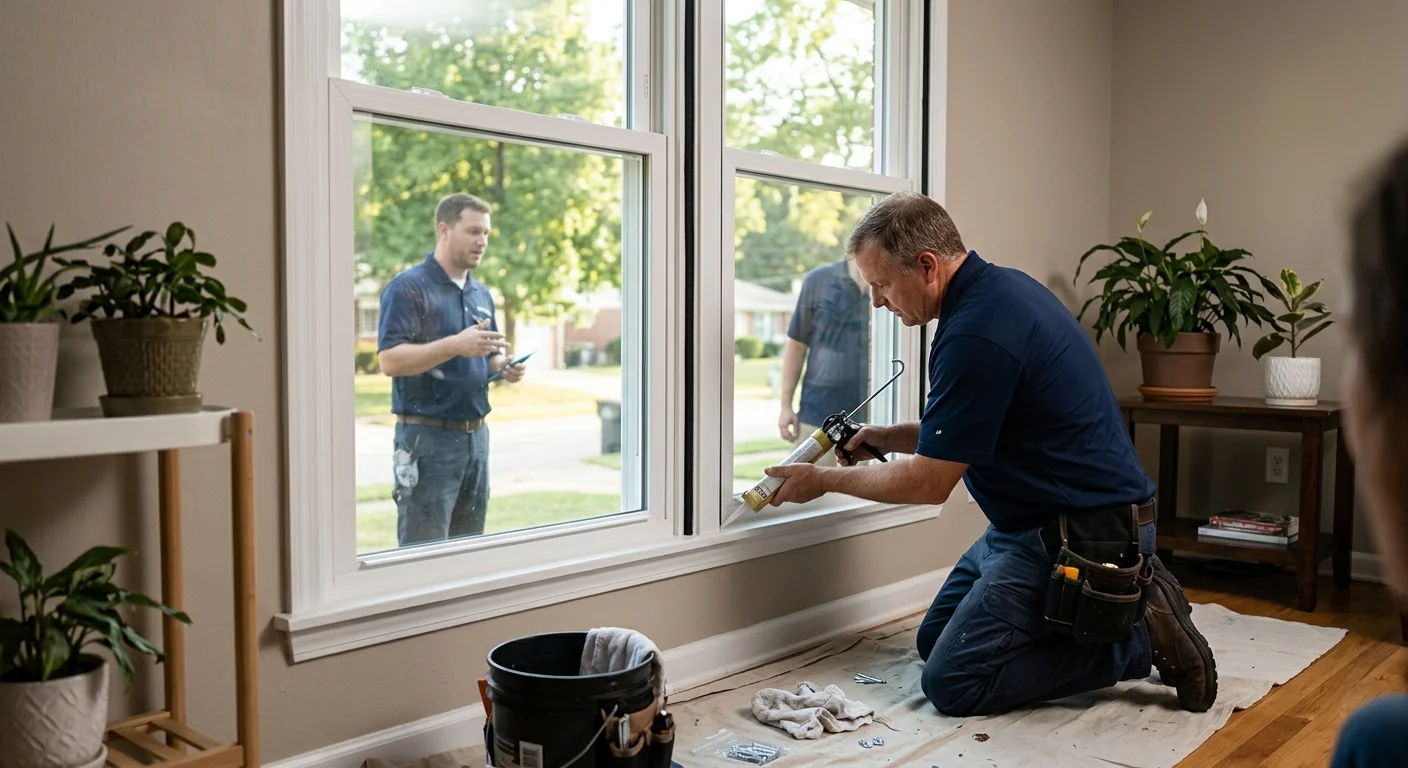 Finished double hung windows with fresh caulking and weatherstripping in a Ballwin living room