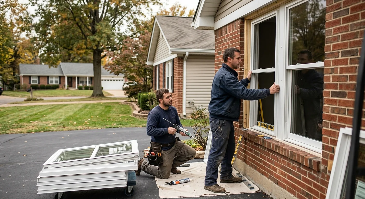 Crew installing an egress basement window and window well at a Ballwin home