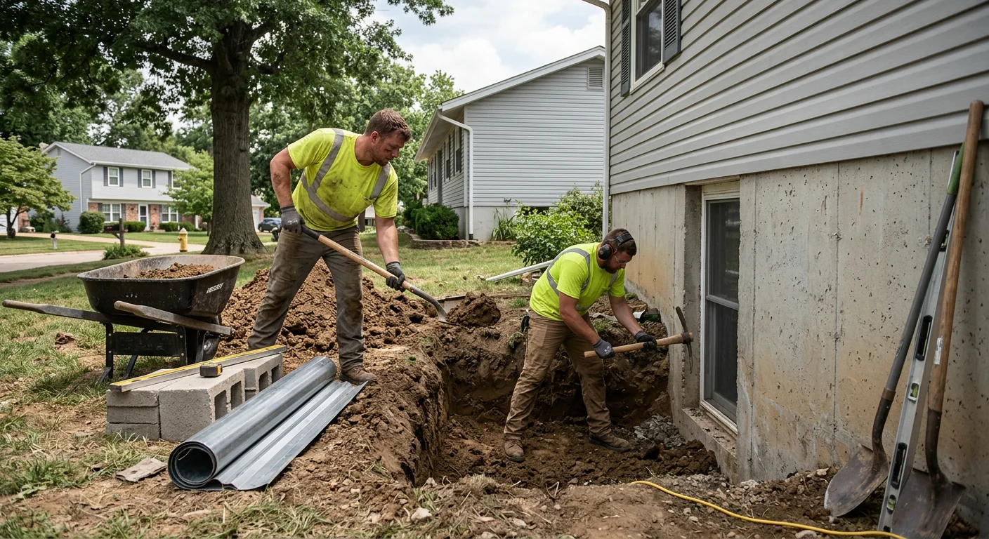 Crew excavating a window well beside a poured concrete basement wall in Ballwin