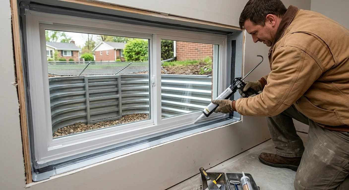 Close-up of a sealed egress window with fresh flashing in a finished basement