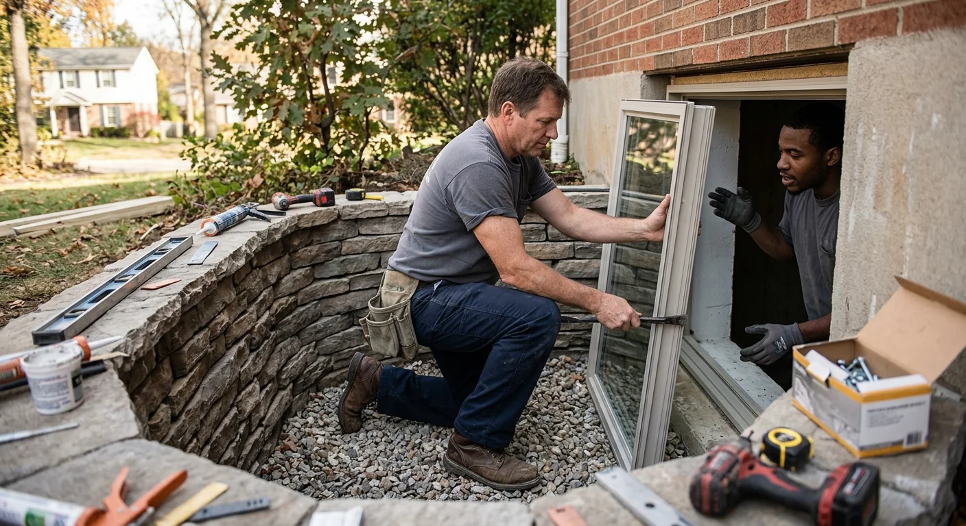 Stacked-stone window well with gravel drainage base outside a suburban Ballwin home