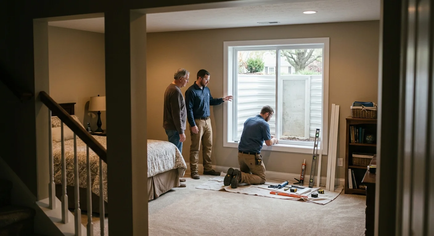 Wide shot of a completed basement egress window bringing daylight into a bedroom