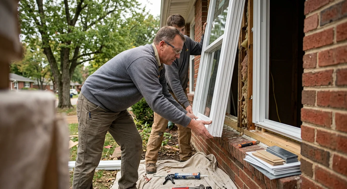 Installer fitting energy efficient replacement windows in a Ballwin home