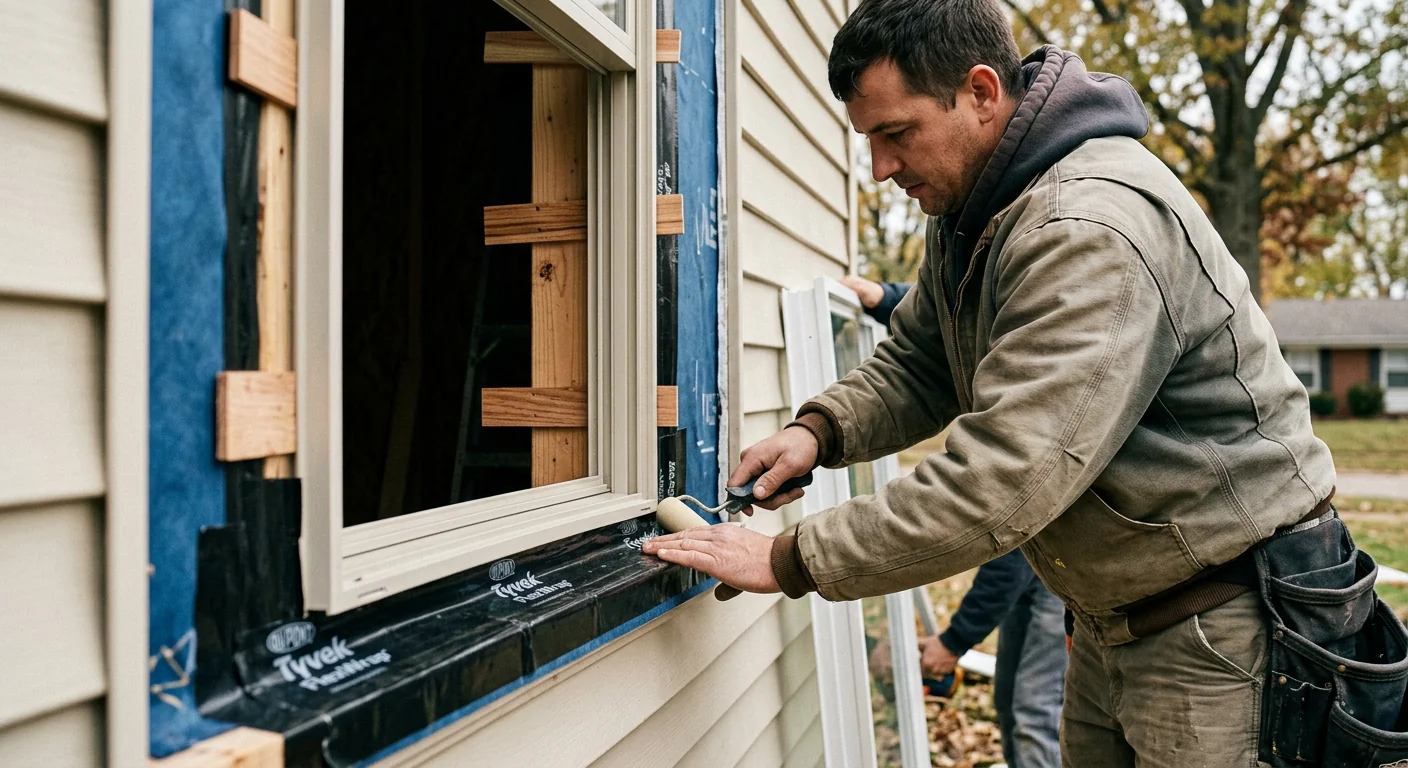 Close-up of a shimmed and flashed window frame during a Ballwin replacement job