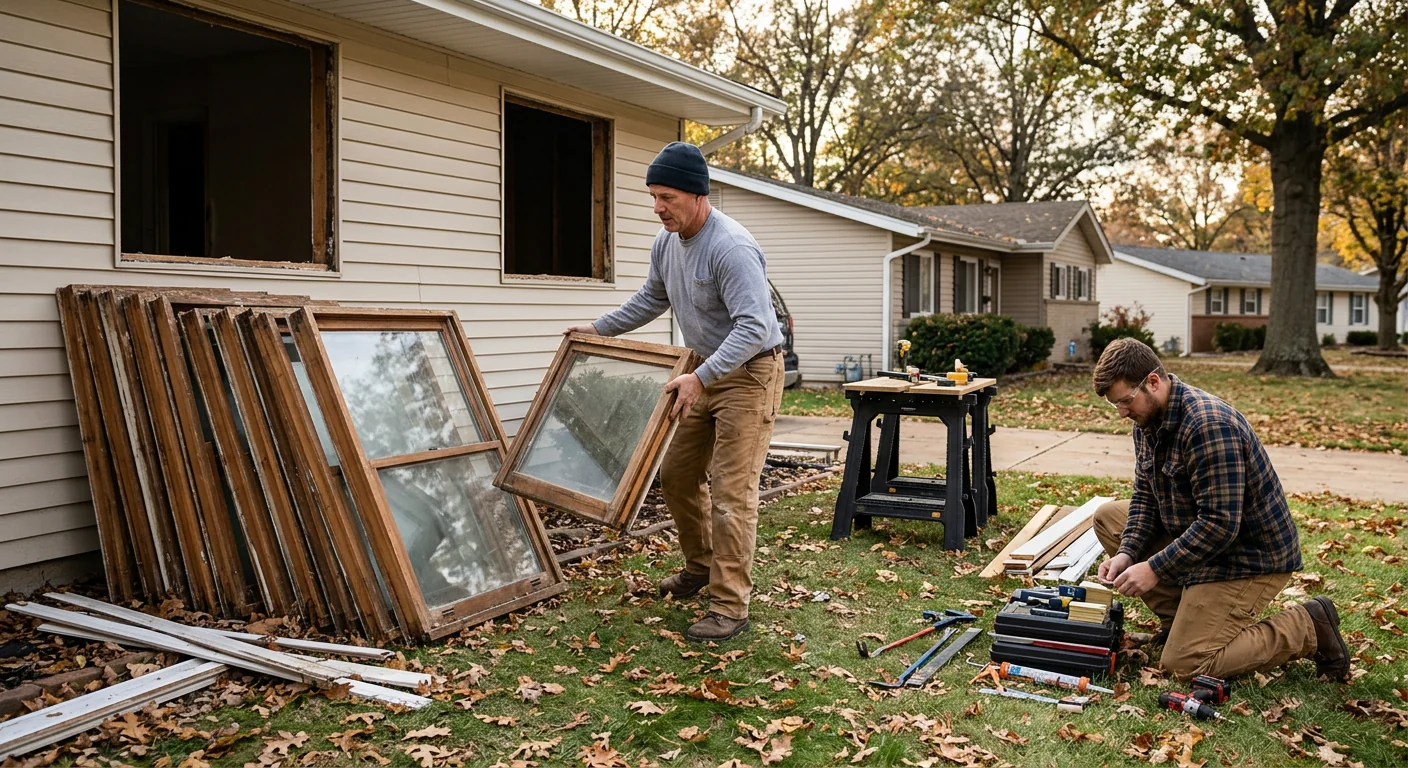 Older single-pane windows removed from a ranch home before energy efficient upgrade