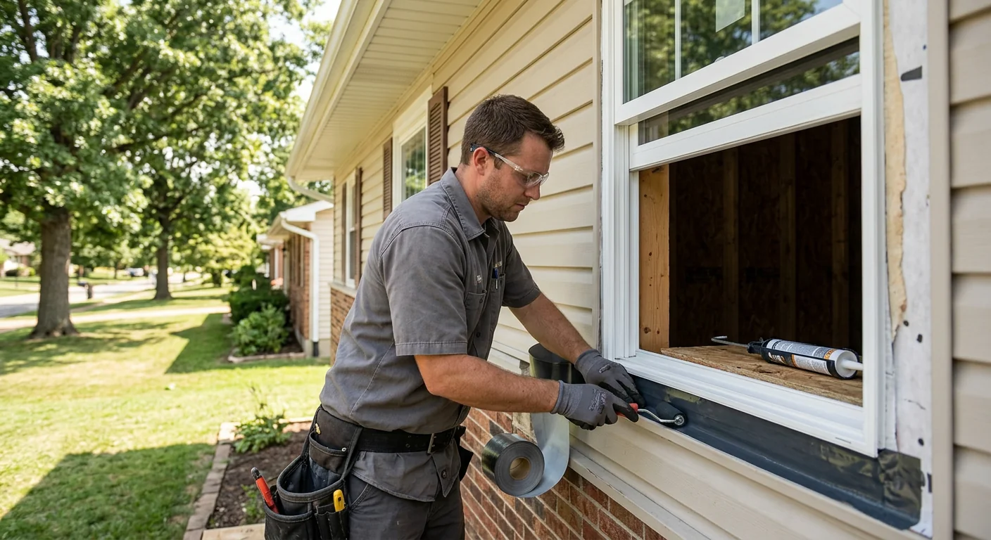 Installer sealing a new window unit with proper flashing on a Ballwin property