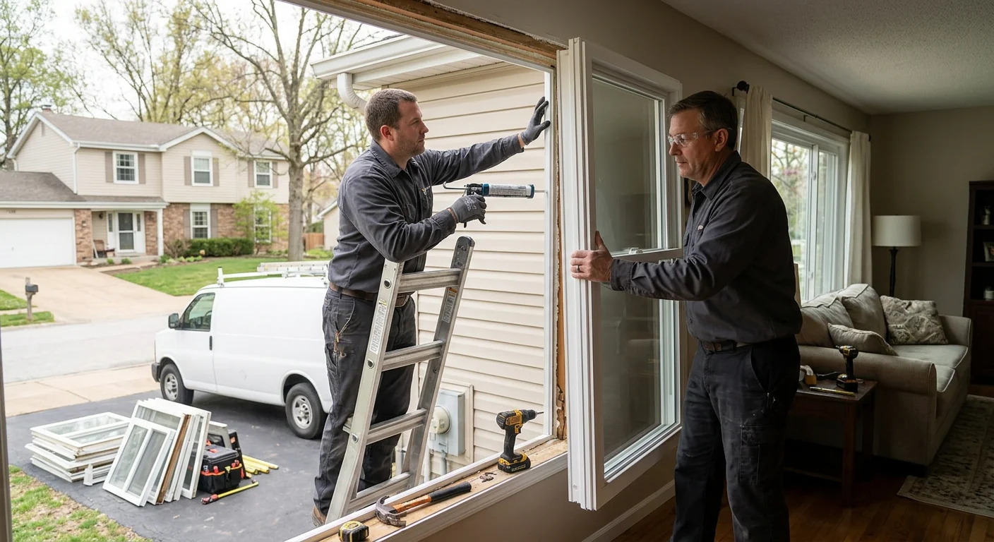 Newly installed sliding glass patio door opening onto a Ballwin backyard