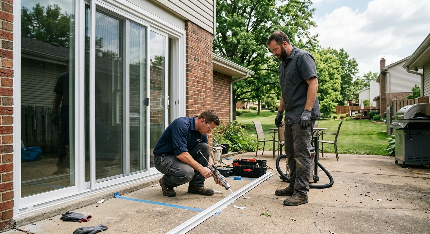 Newly installed two-panel sliding glass door leading to a Ballwin backyard patio