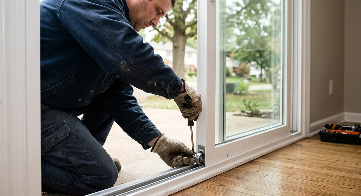 Close-up of an adjusted roller system and track on a replacement patio door