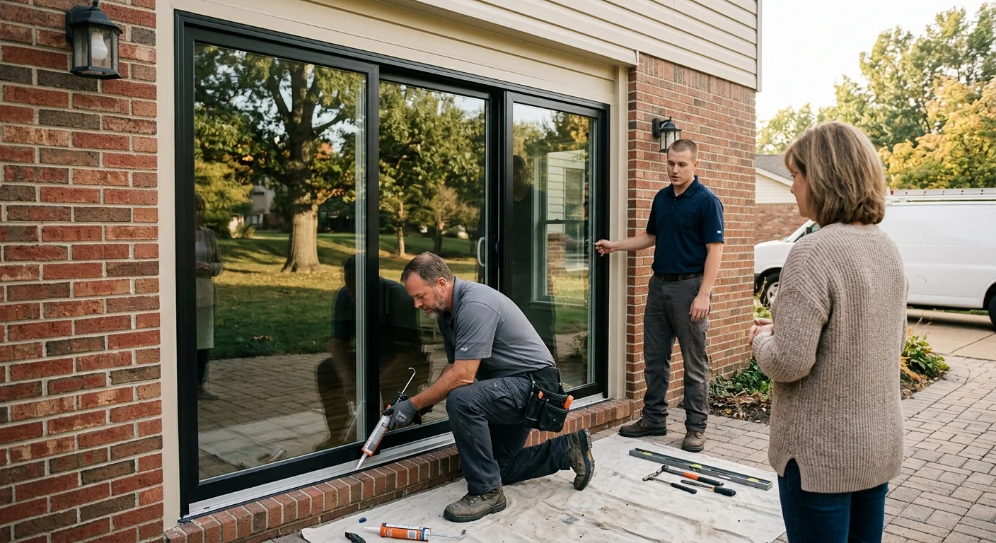 Wide shot of a finished three-panel sliding door on a Ballwin family home