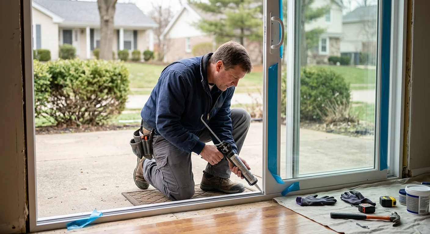 Installer sealing weatherstripping around a new sliding glass door threshold