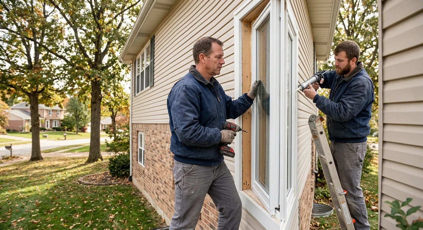 Technician measuring a window opening for glass replacement at a Ballwin home