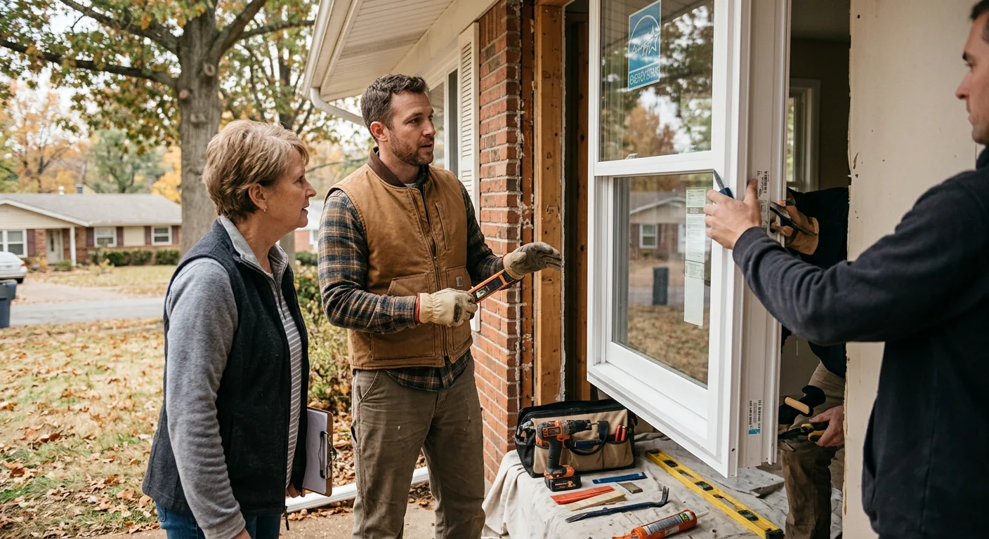 Technician replacing foggy window glass in a Ballwin home during daytime