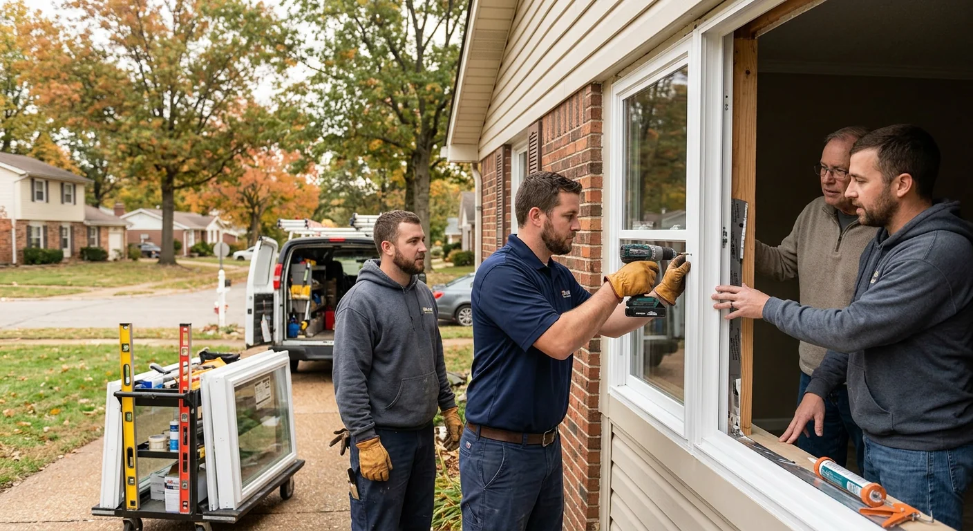 Technician fitting a new sealed glass pane into a Ballwin home window