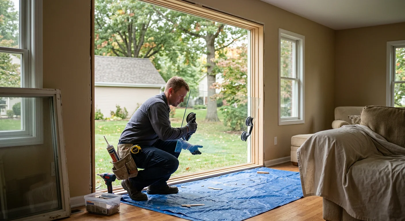 Wide shot of a technician installing new picture window glass in a Ballwin living room
