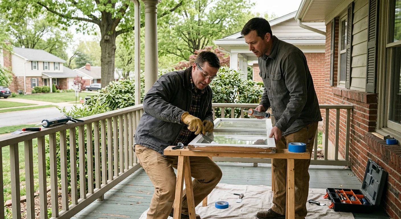 Crew re-glazing a double hung sash with fresh sealant on a Ballwin porch