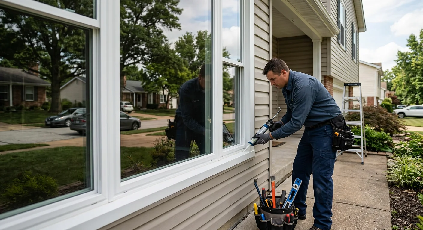 Finished energy efficient replacement glass reflecting a clear Ballwin neighborhood street