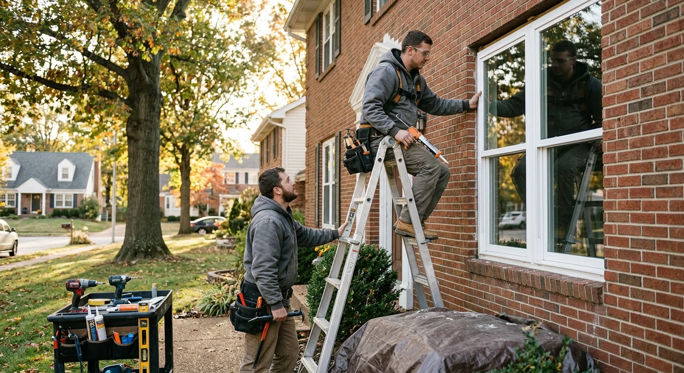 Technician inspecting a damaged window sash on a Ballwin home before repair