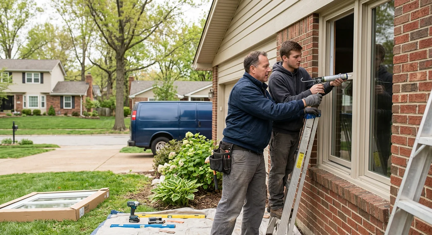 Technician measuring a home window for repair in a Ballwin neighborhood