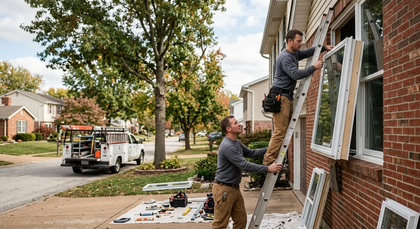 Technician adjusting a repaired double-hung window sash in a Ballwin home