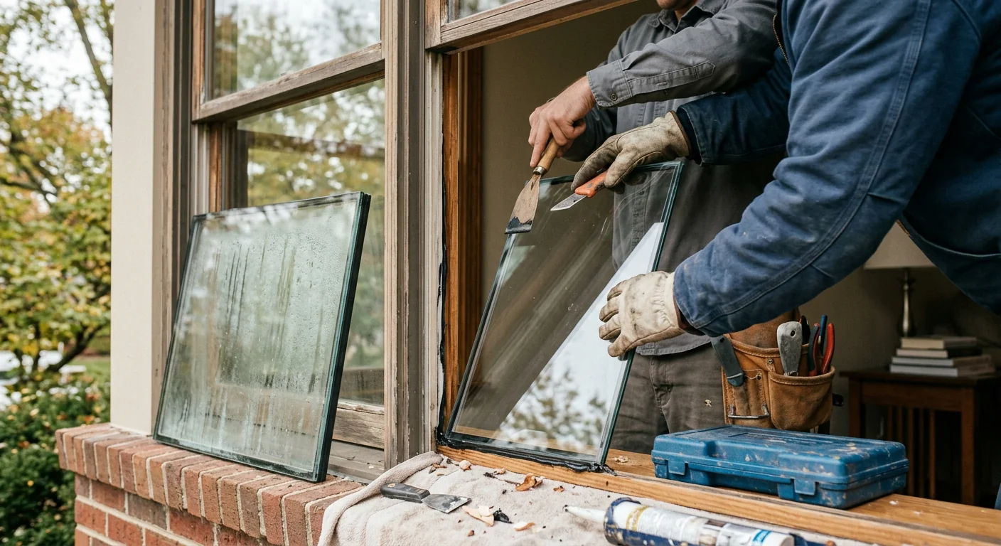 Close-up of a foggy insulated glass unit being replaced on a residential window