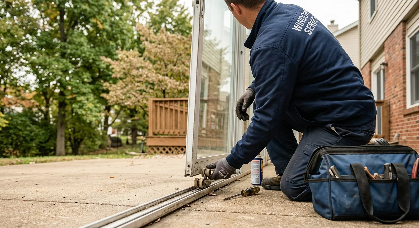 Sliding glass door track and rollers being adjusted on a Ballwin patio
