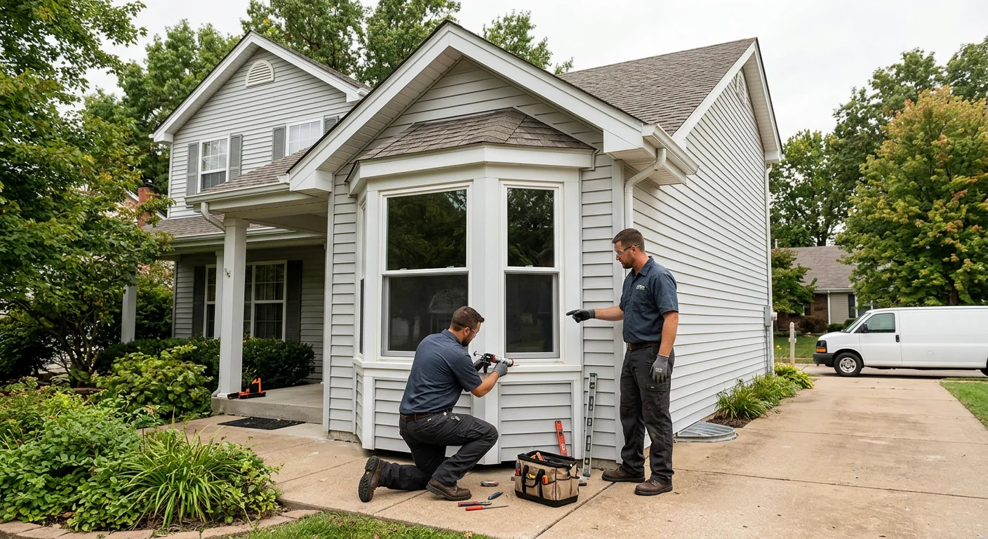 Wide exterior shot of a repaired bay window on a two-story suburban home