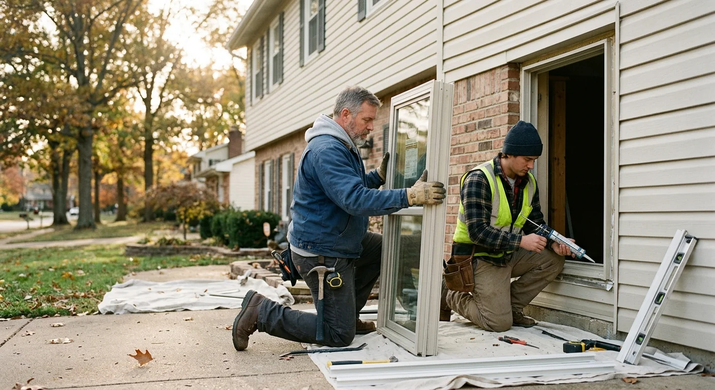 Installer sealing a new window frame during a replacement on a local home