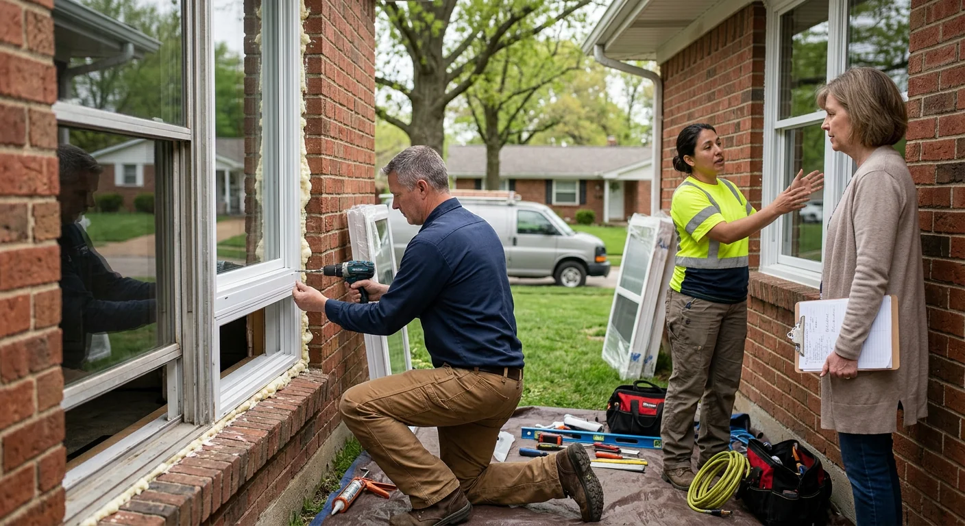 Contractor measuring a home window opening while preparing a replacement estimate in Ballwin