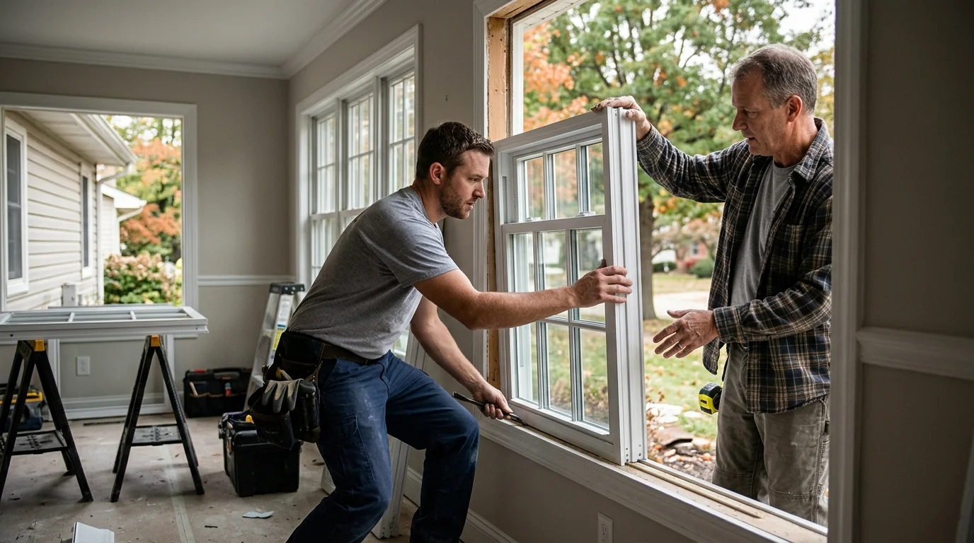 Installer measuring a window opening while preparing a written replacement estimate