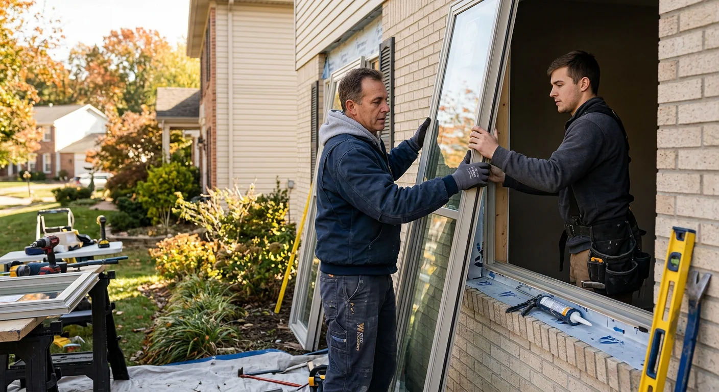 Technician checking a laser level and pry tools before a window replacement on a Ballwin home
