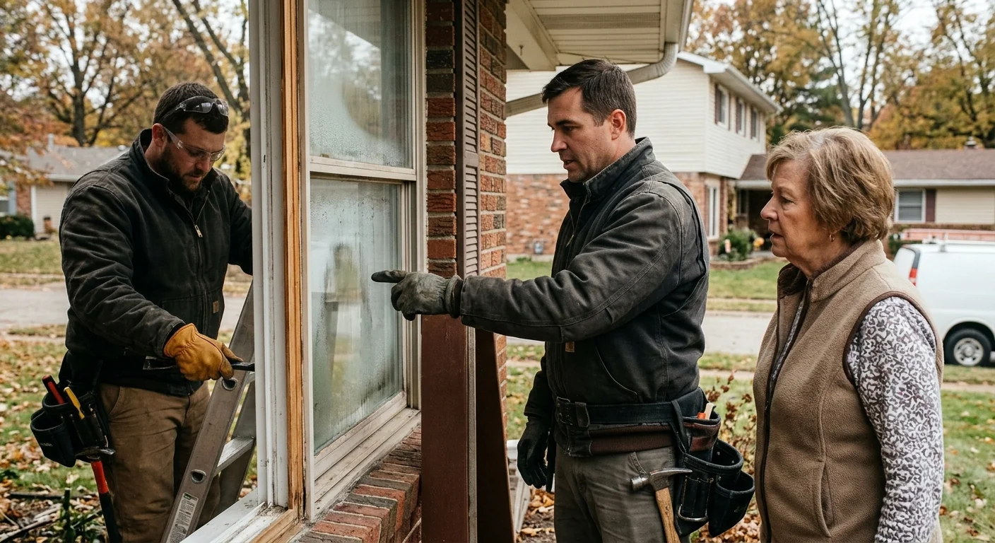 Foggy double-pane window showing seal failure in an older Ballwin home