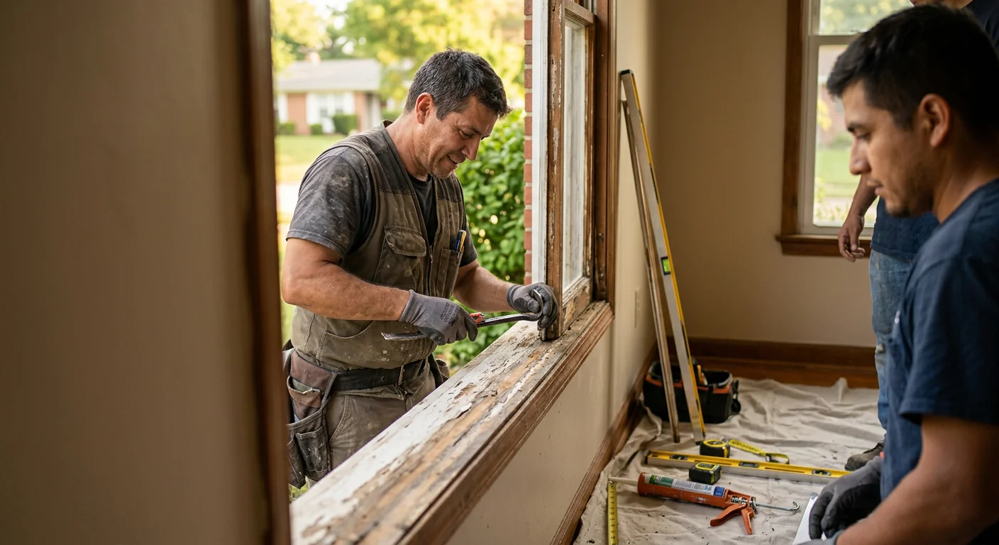 Worn wooden window frame with drafts along the sill needing replacement