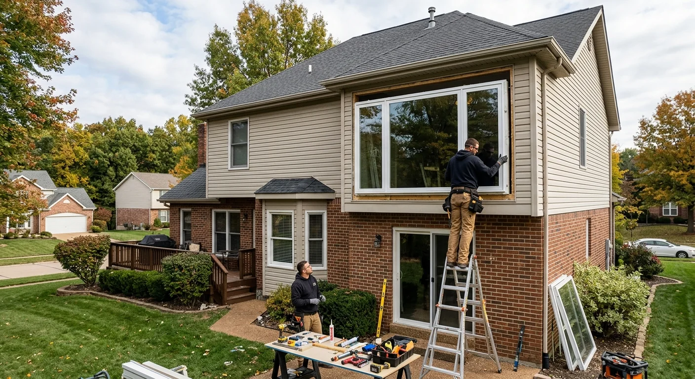 Installer setting an energy efficient window frame into a prepared opening on site