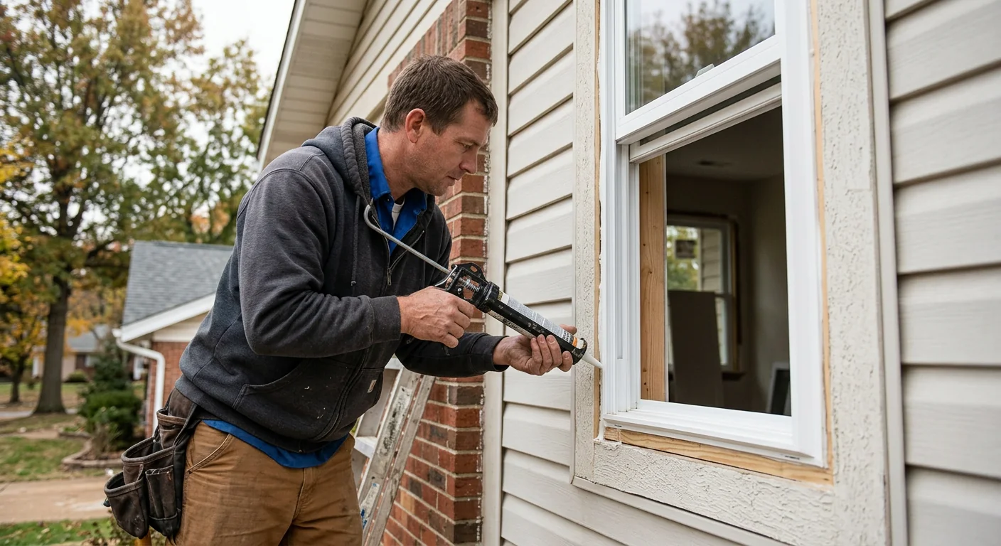 Worker applying weather sealing around a freshly installed window frame
